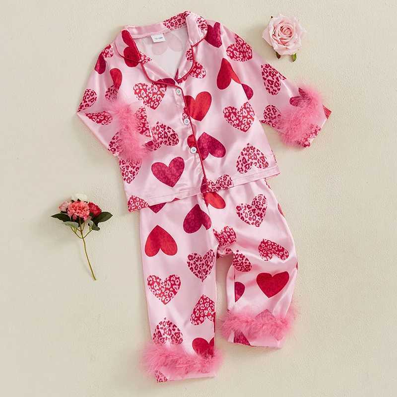 Clothing Sets Kids Baby Girls 2PCS Pajama Sets Valentines Day Sleepwear Feathers Trim Long Sleeve Shirt Pants Heart Print Loungewear Outfits H241126
