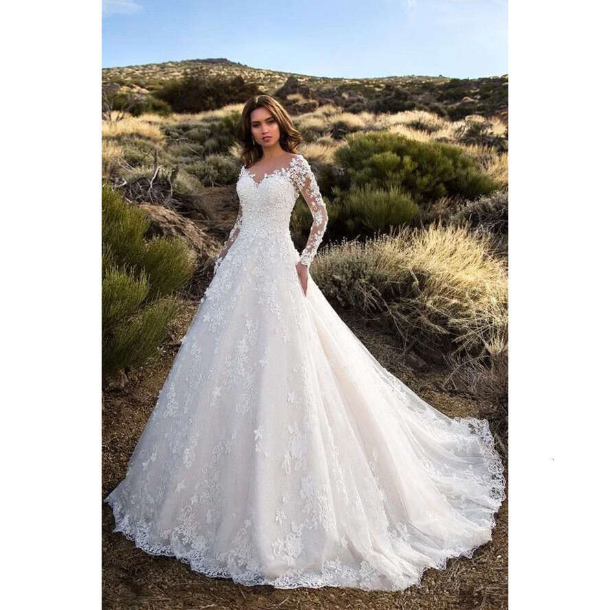 Modest Arabic Dubai Lace Dresses 2020 Appliques V-Neck Long Sleeves Bride Wedding Gowns Vestido De Novia Ba6671