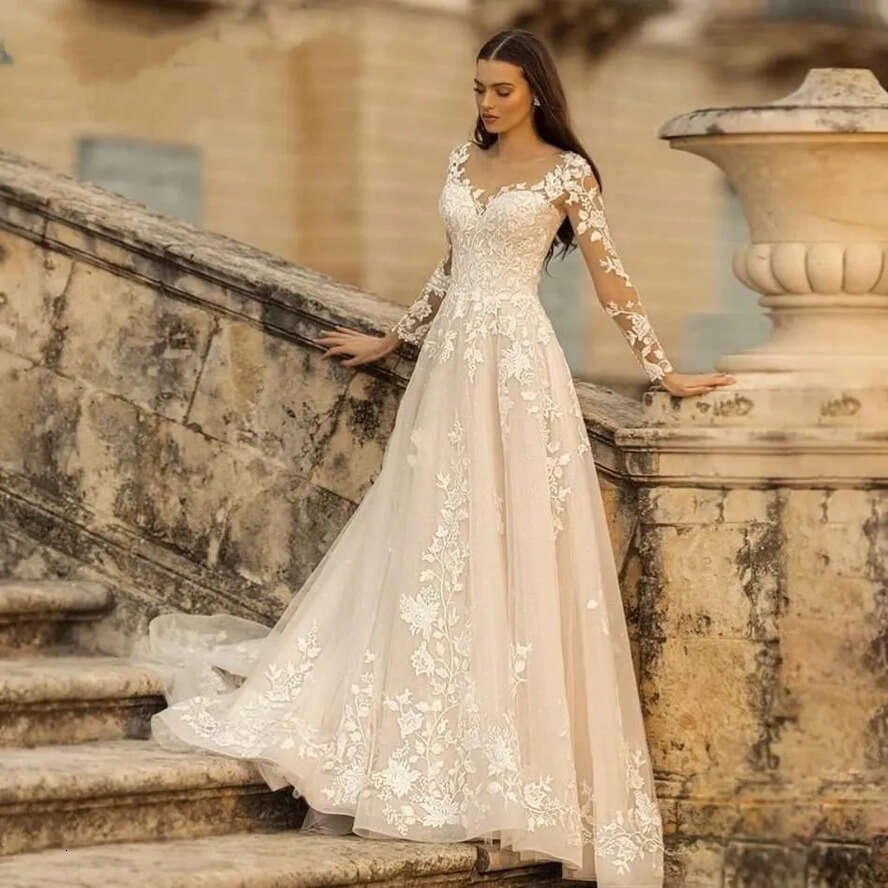 Elegant Long Sleeves A E Wedding Dresses Sheer Scoop Neck Tulle Applique Sweep Train Bridal Gowns Bride Dress Custom Made With Lace UP