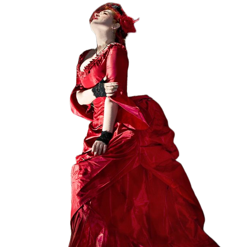 Vintage Victorian Bustle Prom Dresses V-Neck Ruched Red Satin Special Occasion Gown Long Sleeves Medieval Masquerade Dress For Women 2024 Evening Form