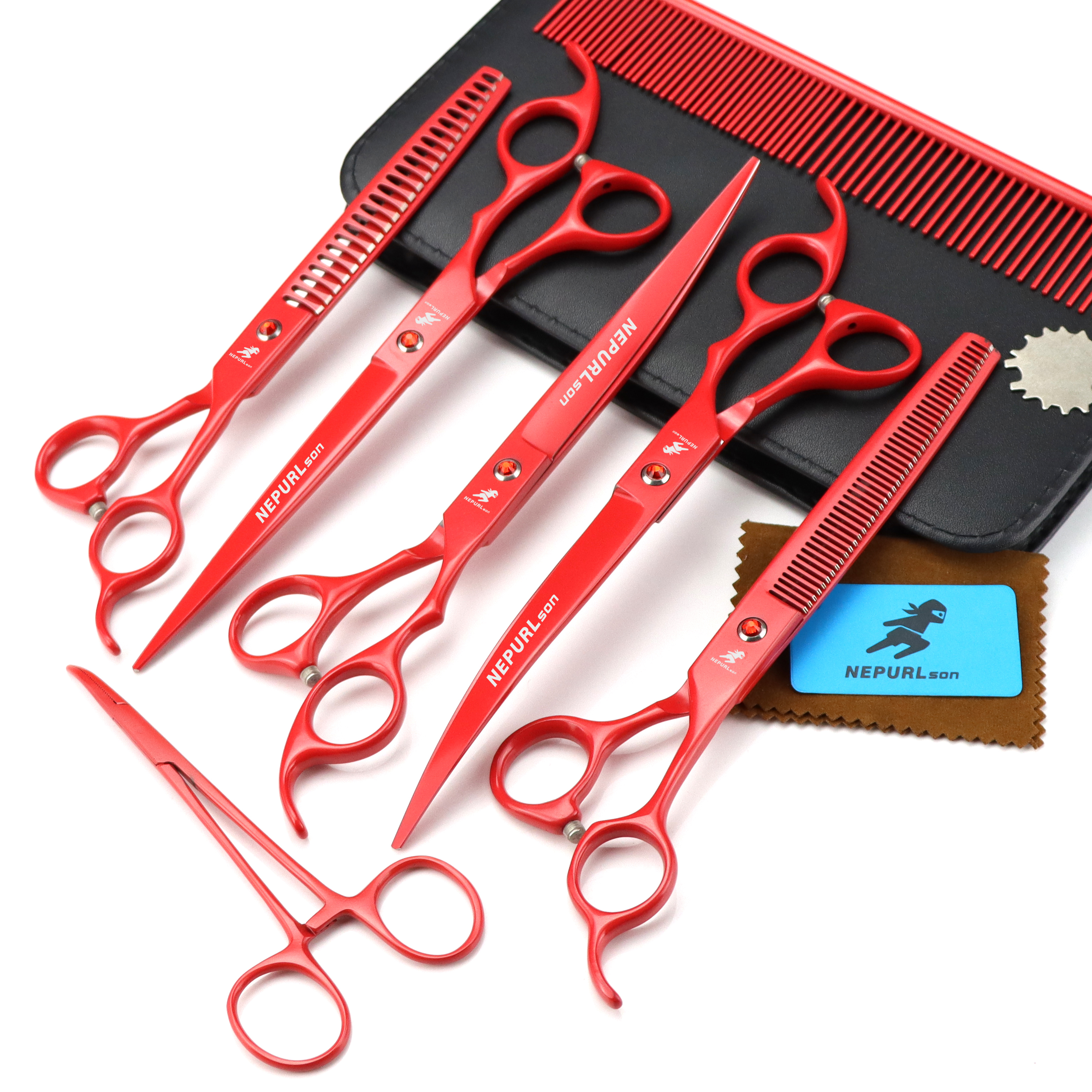 8.0 inch red Animal Shaped Scissors Pet Grooming Scissors Pet Fishbone Teeth 5 scissors set