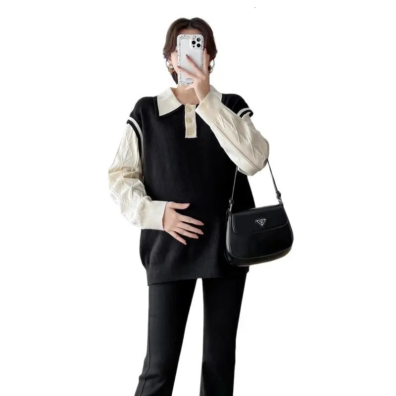 Winter Pregnant Womens Sweater Blocks Color Patching Work Collar Pregnant Womens Knitting Thread Fashion Pregnant Womens Knitting 241126