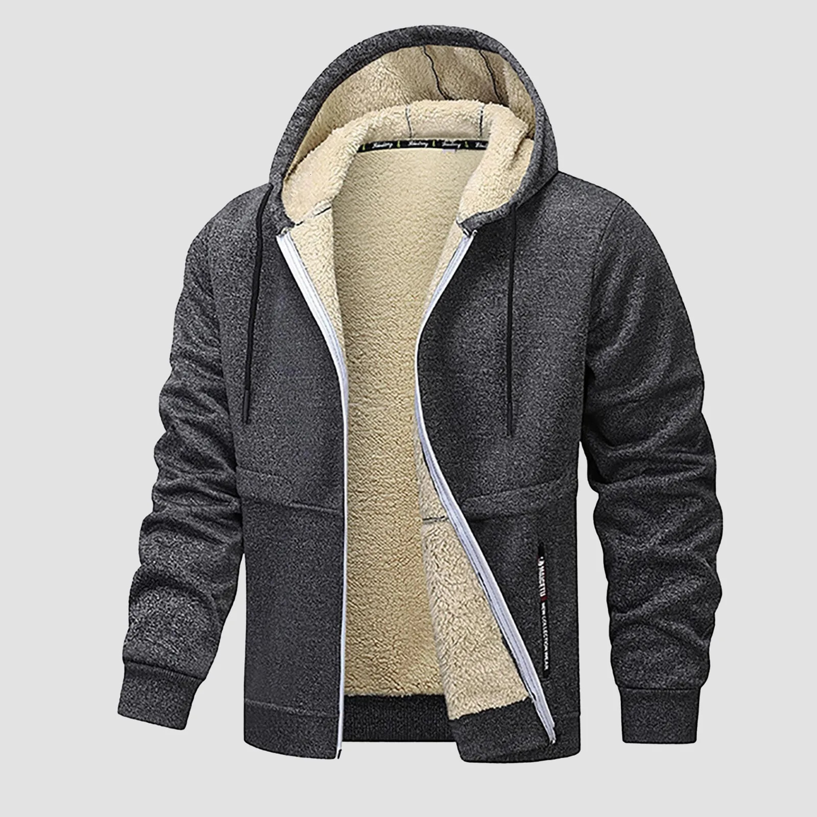 Mens sports shirt zipper winter warm high-quality wool jacket plus size thick lining solid color hooded jacket 241120