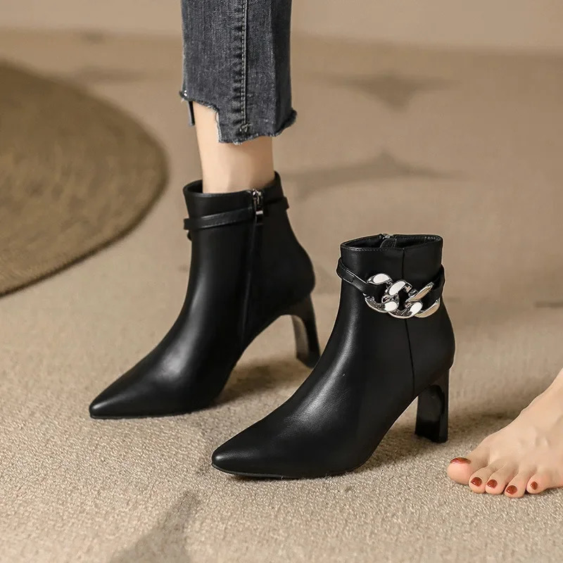 Niche comfortable soft leather side zipper pointed thin heel 2025 autumnwinter high-heeled womens ankle boots 241126