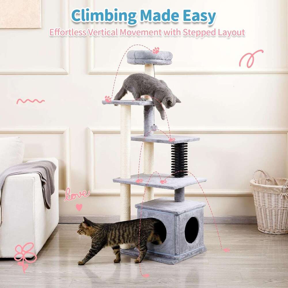 Made4Pets Cat Tree, 52.4" Tall Indoor , Multi-Level Large Cat Condo with Scratching Posts and Pompoms, Plush Kitten Climbing Tower with Cat Groom