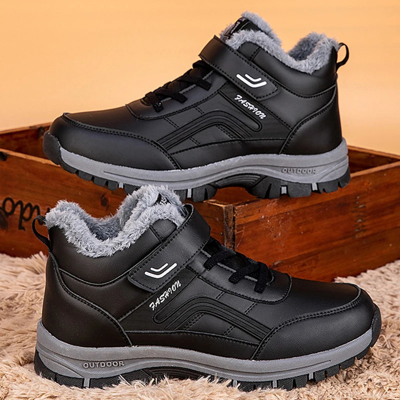 Winter womens plush Pu leather waterproof sports shoes climbing and hunting shoes unisex lace up outdoor warm hiking boots 241126
