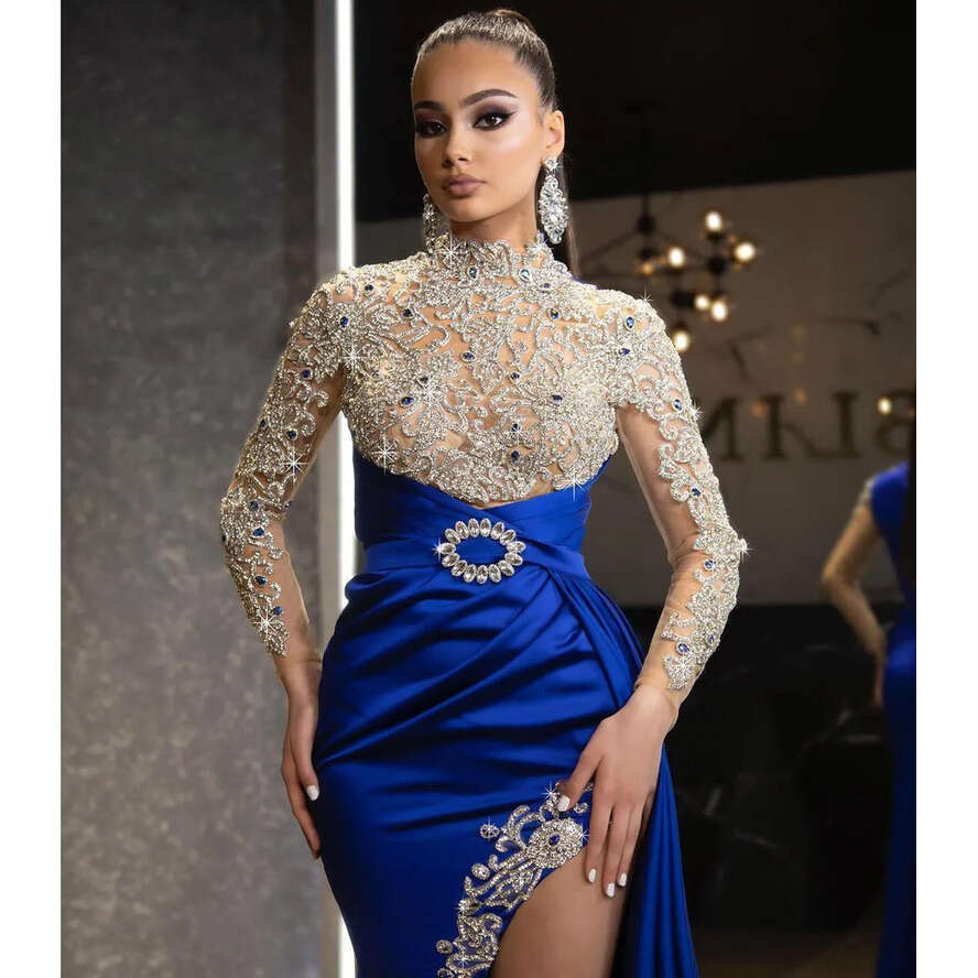 High Neck Vintage Evening Dresses Beaded Crystals Illusion Bodice Long Sleeves Split Formal Party Ocn Prom Gowns Arbaic Dubai Dress Bc