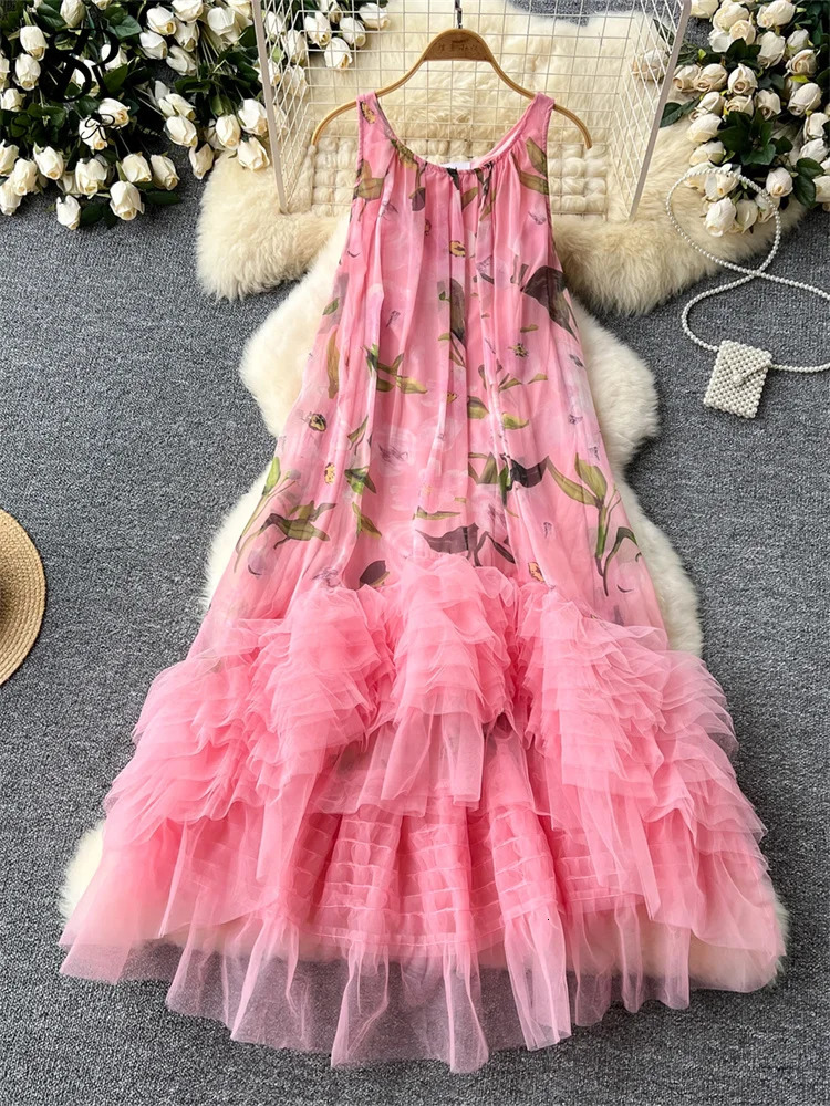 French Vintage Print Dress Women ONeck Spaghetti Strap Mesh Splice Irregular Ruffles Beach Fashion Ball Gown Dresses