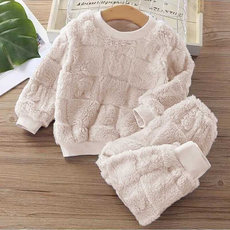 Clothing Sets Childrens autumn and winter flange pajamas suits Korean version boys plus velvet thick home service girl warm underwear suit H241126