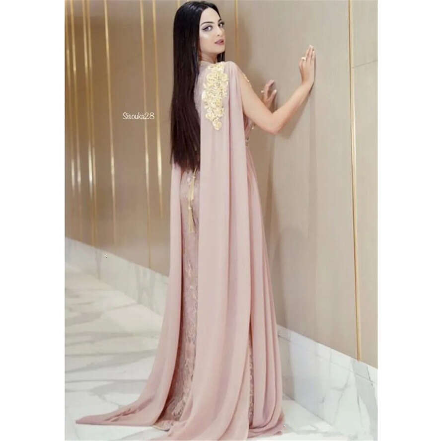 Blush Pink Beaded Muslim Long Dubai Moroccan Kaftan Dress Chiffon V Neck Formal Gown Evening Party Dresses
