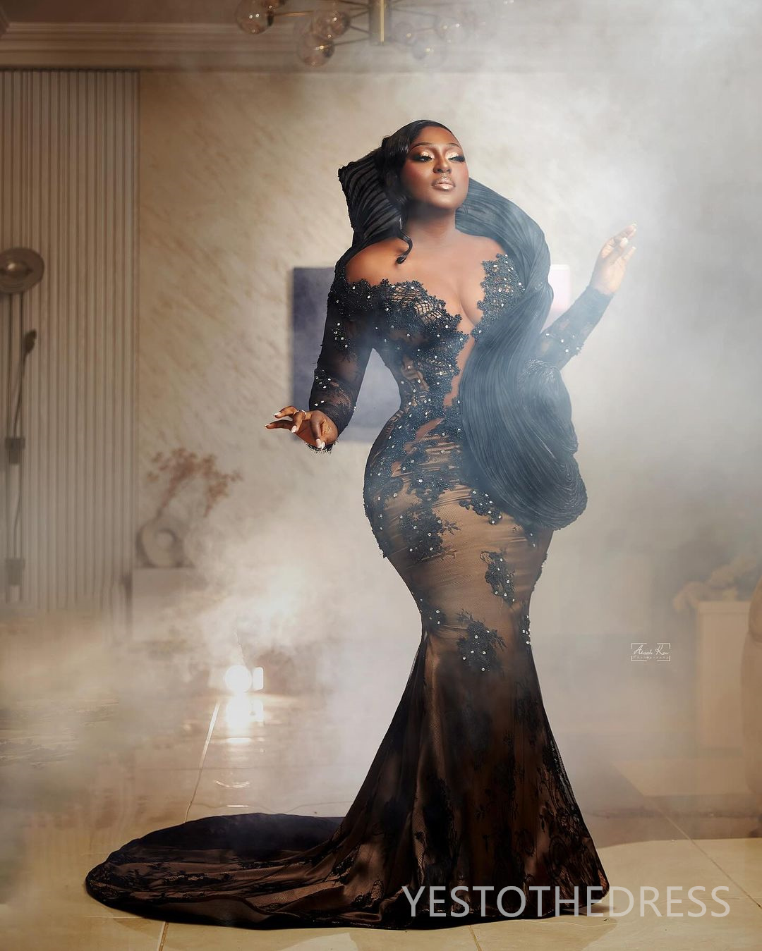 2025 Plus Size Black Mermaid Prom Dress Evening Dresses Elegant Sheer Neck Long Sleeves Beaded Lace Birthday Dress Second Reception Gowns Robe De Soir