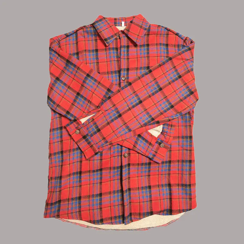 Autumn and winter mens pure cotton plain weave shirt jacket casual thick wool lining flannel shirt Sherpa button mens shirt 241126
