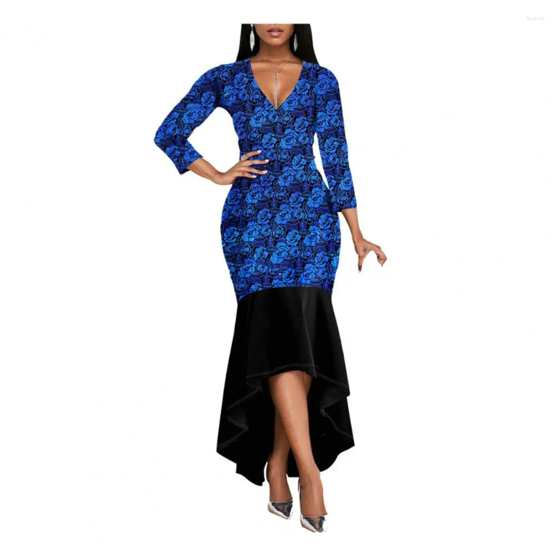 Casual Dresses Women Maxi Dress Elegant Fishtail Hem Flower Printed For V-neck 3/4 Sleeve Prom
