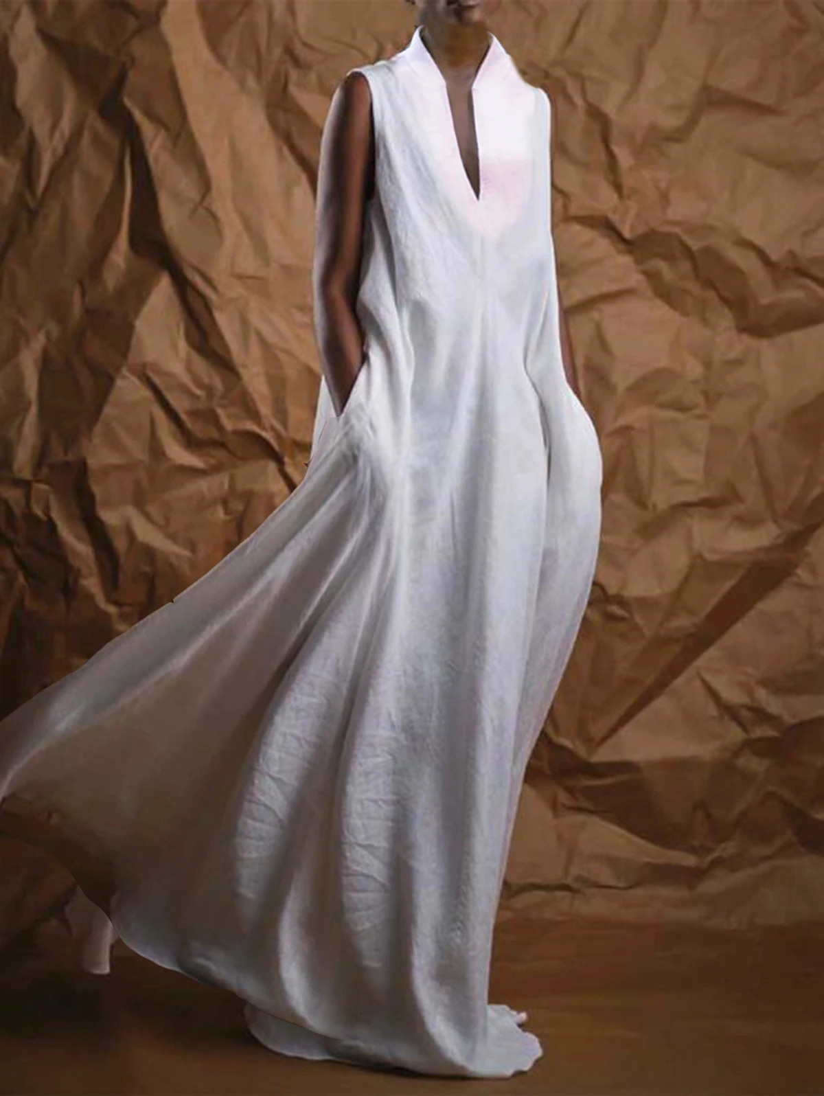 Women Fashion Linen Dresses Elegant Plain Deep V Neck Sleeveless Flowy Maxi Dress Casual Long Streetwear 241112