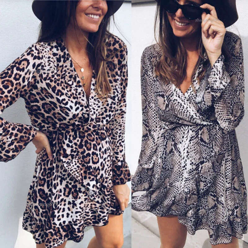 New Sexy Women Dress Leopard Snake-printed Long Sleeve V Neck Party Evening Wrap Dress Womens Ruffles Dress