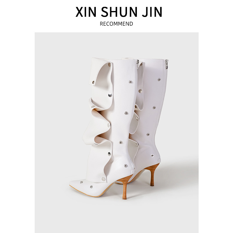 2024 willow stud buckle splicing two wear fine high heel tall boots female personalized spicy girl fashion boots EU35-40