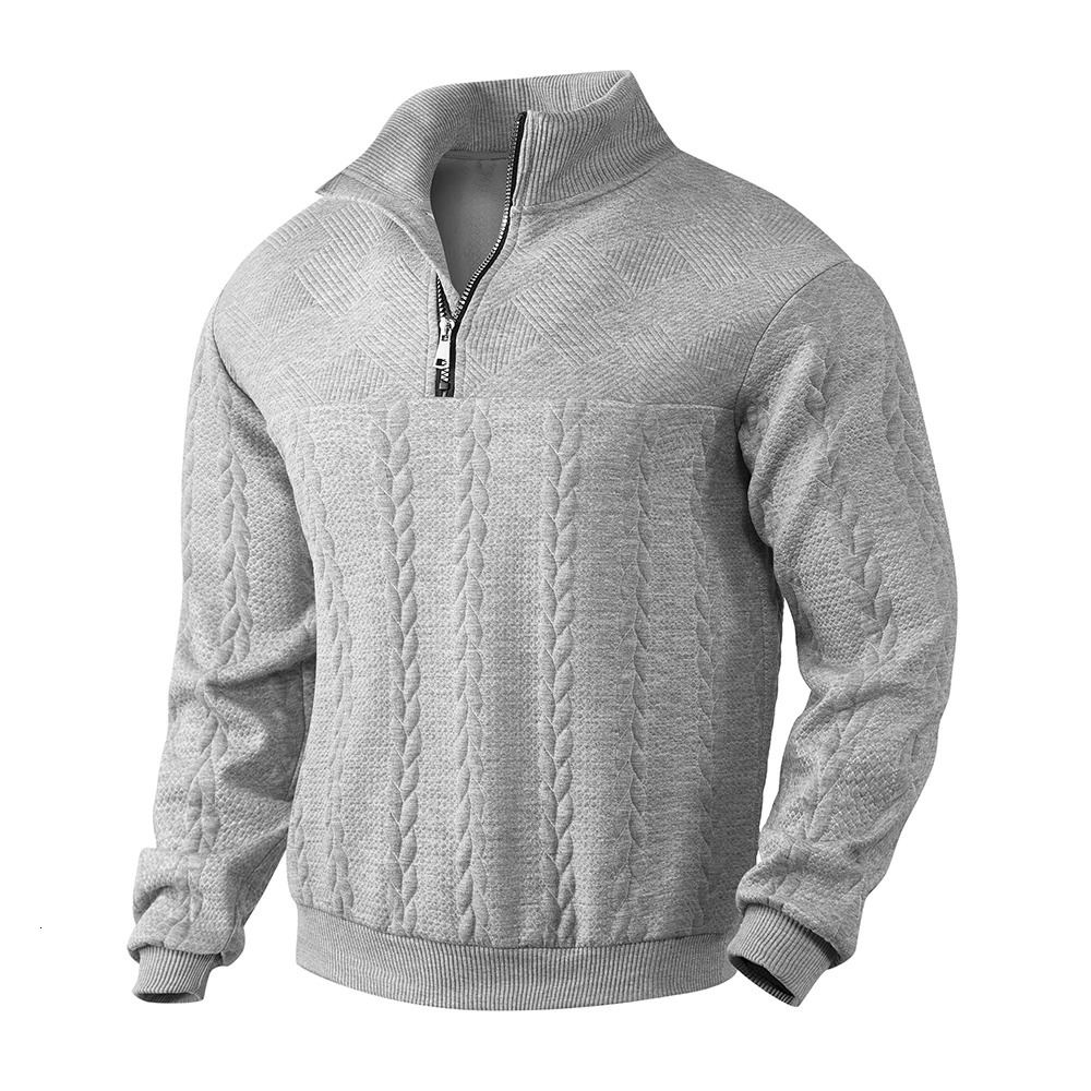 Mens casual Henry collar sweater long sleeved knitted stand up collar top zipper solid color hoodie pattern fashionable mens clothing 241126