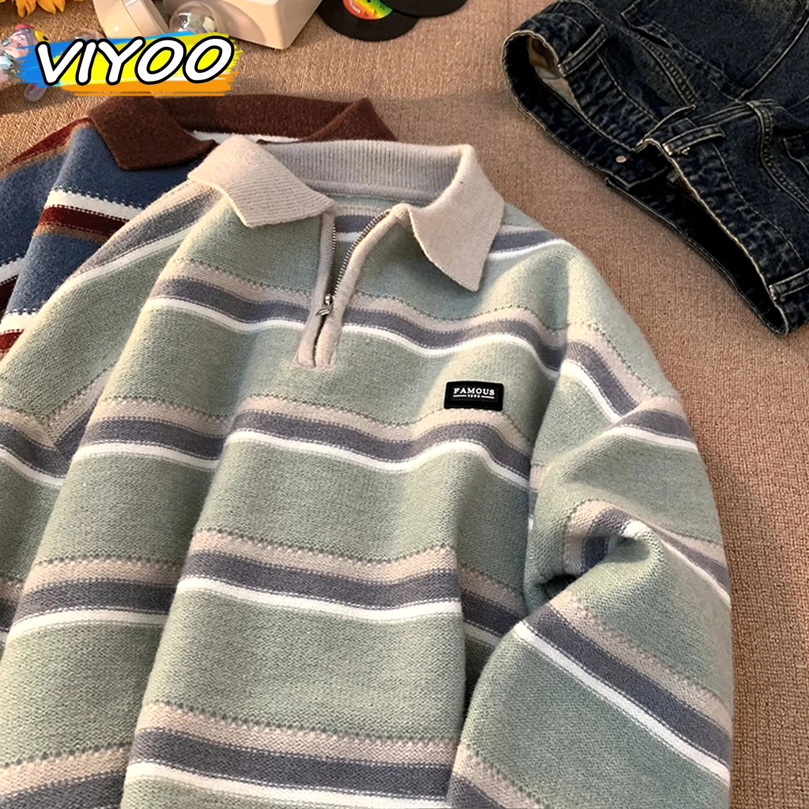 Japanese Mens Y2K Knitted Warm Polo Knitted Striped Turtle Neck Sweater Winter Street Clothing Knitted Korean Clothing Jumping Mens 241126