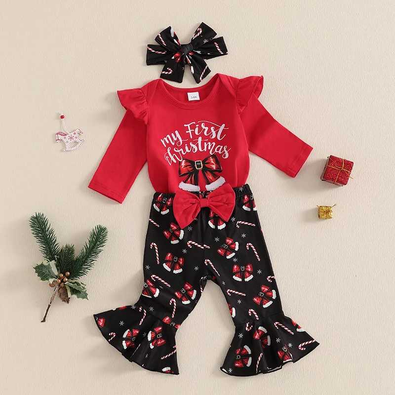 Clothing Sets Baby Girls Christmas Outfits Autumn Clothes Bow Print Long Sleeves Romper and Elastic Flared Pants Headband 3 Pieces Set H241126