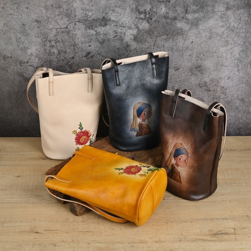 Retro Hand-Printed Women's Bag For Women Genuine Leather Bucket Handbags Long Handle Lady Designer Shoulder Bags Open BagVoyage