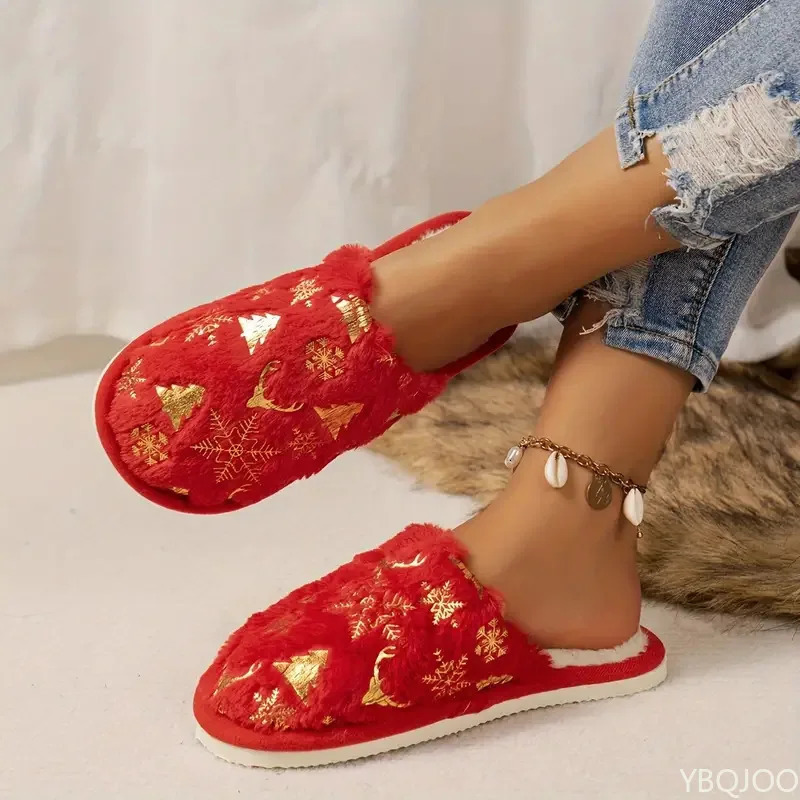 Christmas Slippers for Women Cute and Soft Cotton Slippers Indoor Christmas Tree Wrapping Warm Non Slip Flat Bottom Home Shoes 241126