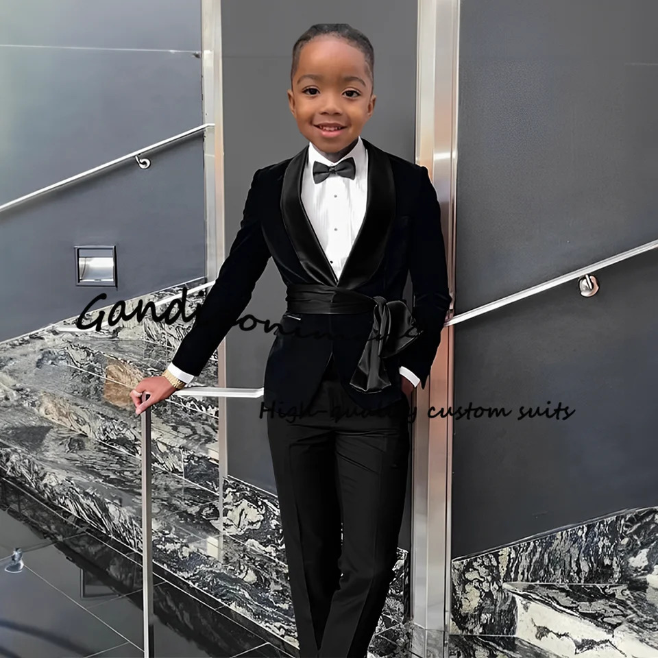 Boys Suit 2 Piece Set Velvet Black Jacket Formal Party Dress Kids Fashion Outfit Wedding Customized Blazer 241126
