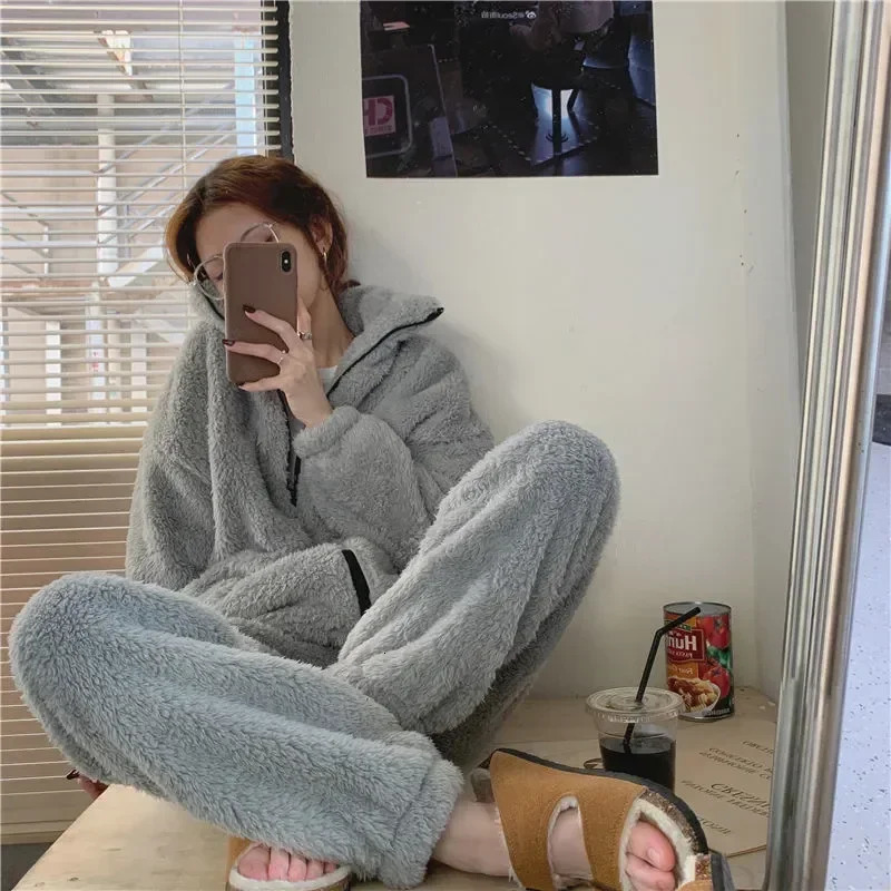 Winter Pajama Set for Womens Kawaii Warm Turtle Neck Pajama Zipper Coral Velvet Thick Comfortable Loose Simple Daily Soft 241126