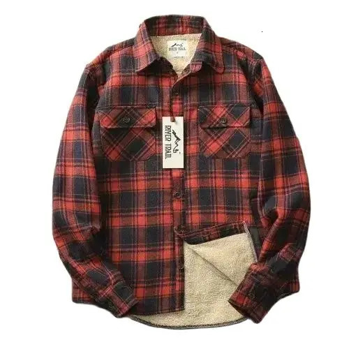 Winter plain woolen shirt jacket mens flannel warm jacket outdoor casual work Sherpa lining button retro shirt 241126