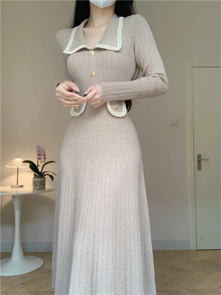 Autumn and winter womens knitted dress with a lapel Korean fashion A-line casual solid dress ultra-thin Vestidos Mujer item 241125