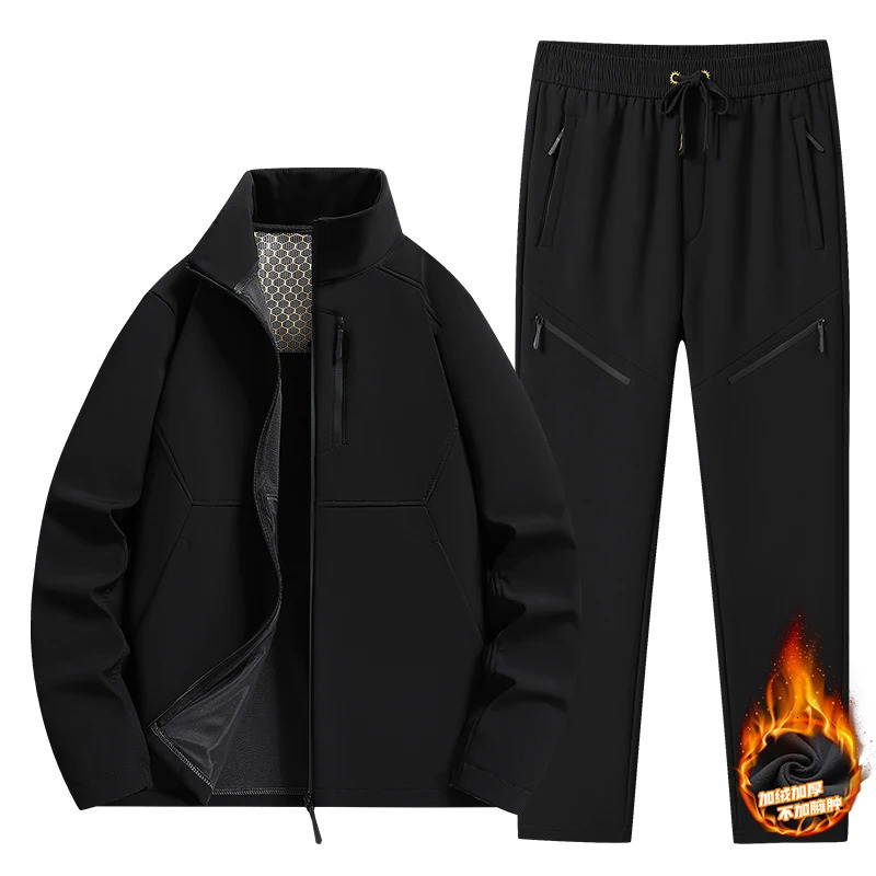 Large size 6XL mens soft shell track suit thick wool lining hooded sweatshirt long hooded sweatshirt set mens jacket pants 2-piece set sportswear 2411