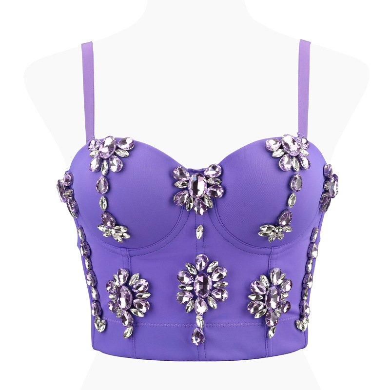 Women's Tanks Sexy Women Bra Purple Green Evening Club Disco Diamonds Corset Birthday Belly Dance Stage Costumes Women's Short Tops