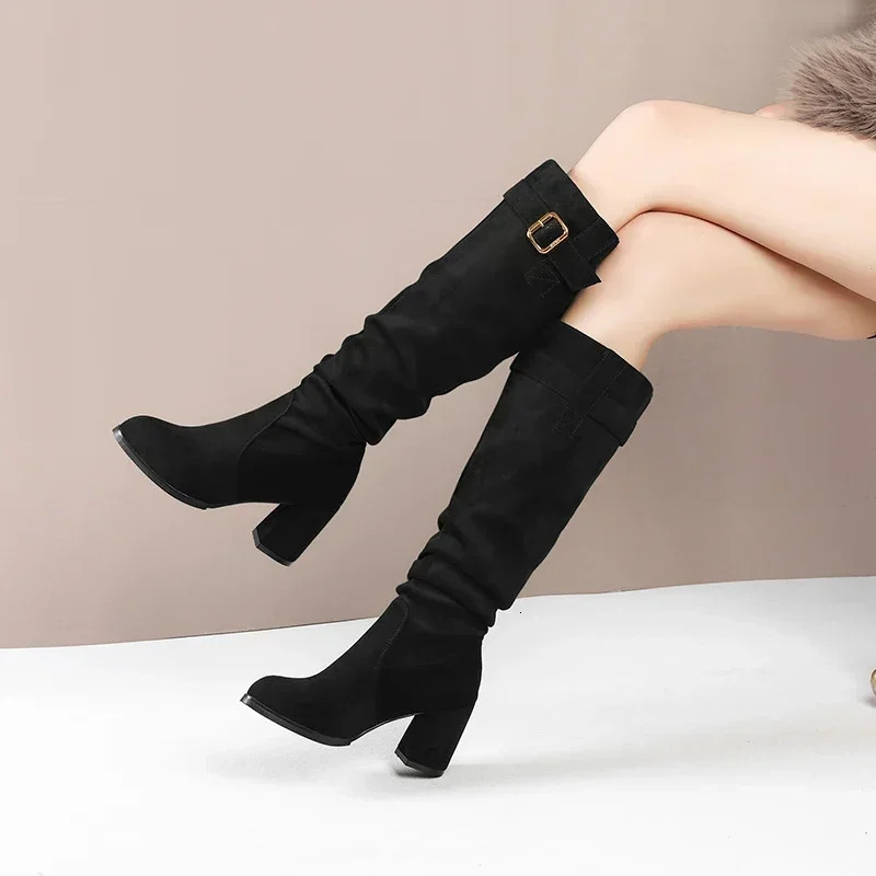 Female Shoes on Sale High Quality Sleeve Womens Boots Winter Pointed Toe Suede Solid High Tube Chunky Heels Fashion Boots 241114