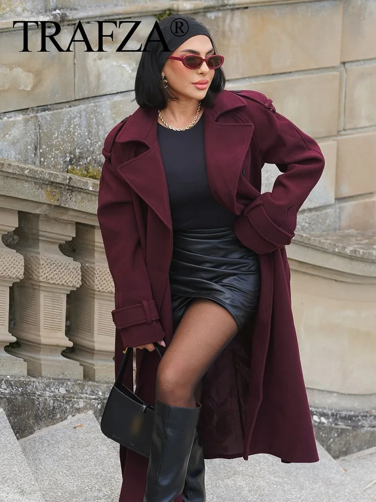 TRAFZA Women Elegant Burgundy Lapel Blend Maxi Overcoat Fashion Winter Double-Breasted Jacket with Belt Female Chic Trench Coat 241126