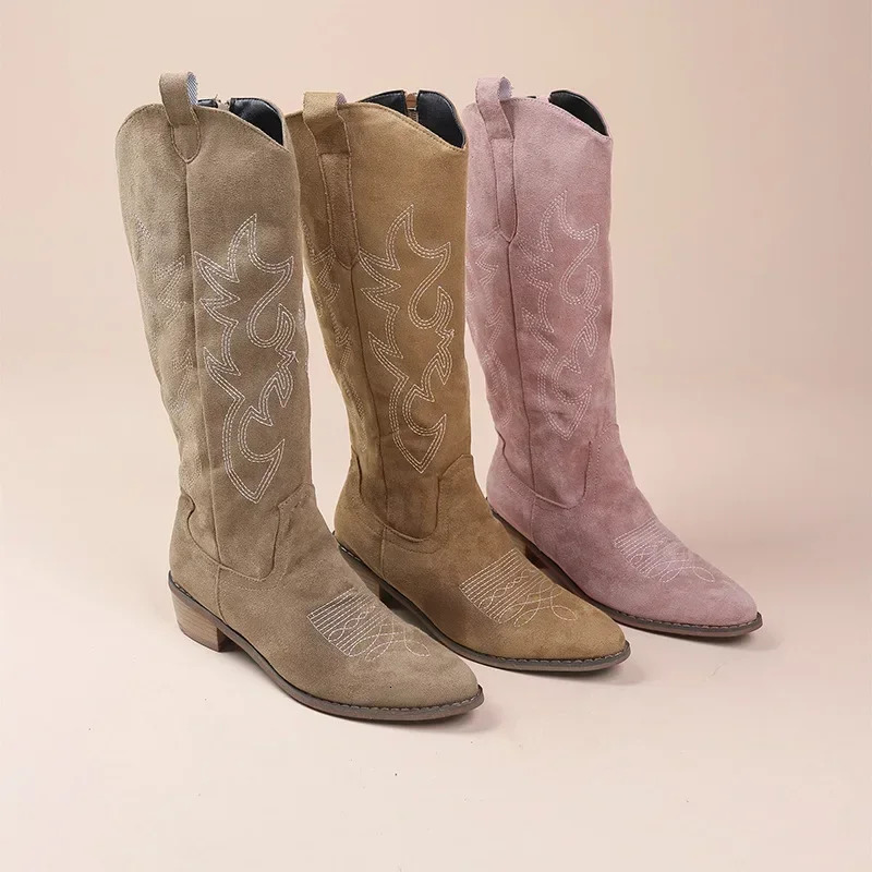 Embroidered Western Cowboy Boots for Women Autumn Pointed Toe Thick Heel High Knee Boots Woman Loose PU Leather Long Botas Mujer 241114
