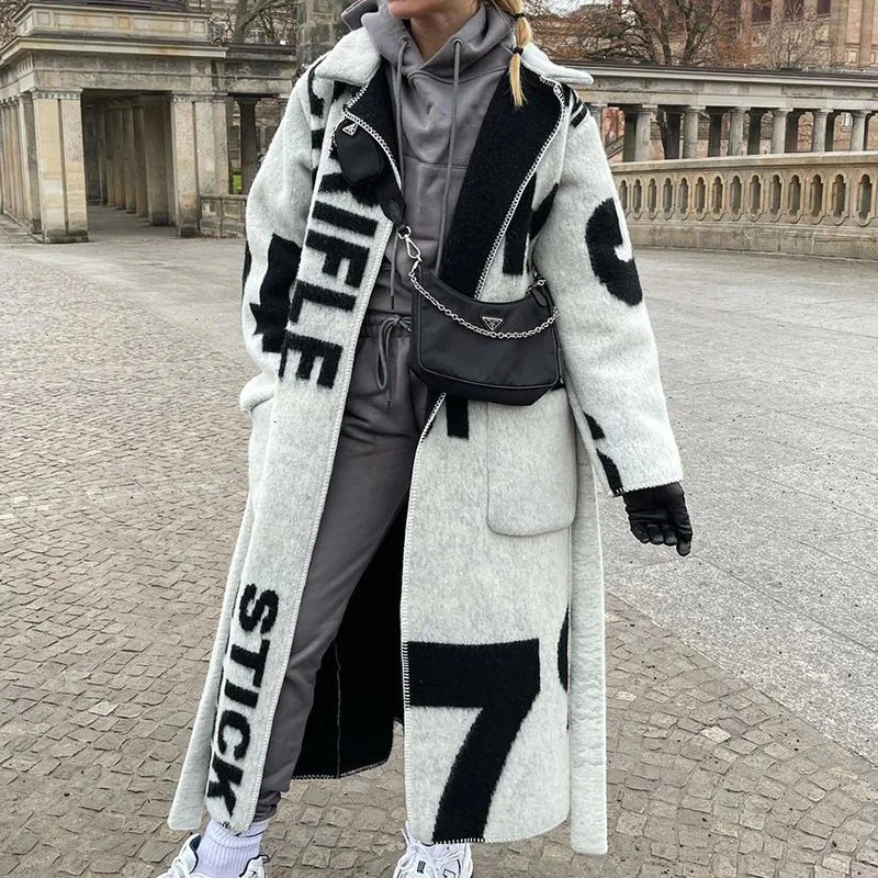 Womens long double-sided printed coarse woolen coat autumn elegant lapel lace fashionable open collar jacket long sleeved loose jacket 241125