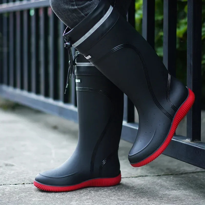 Mens rain boots long tube waterproof shoes anti slip safety work shoes black platform cotton high top jacket 241126