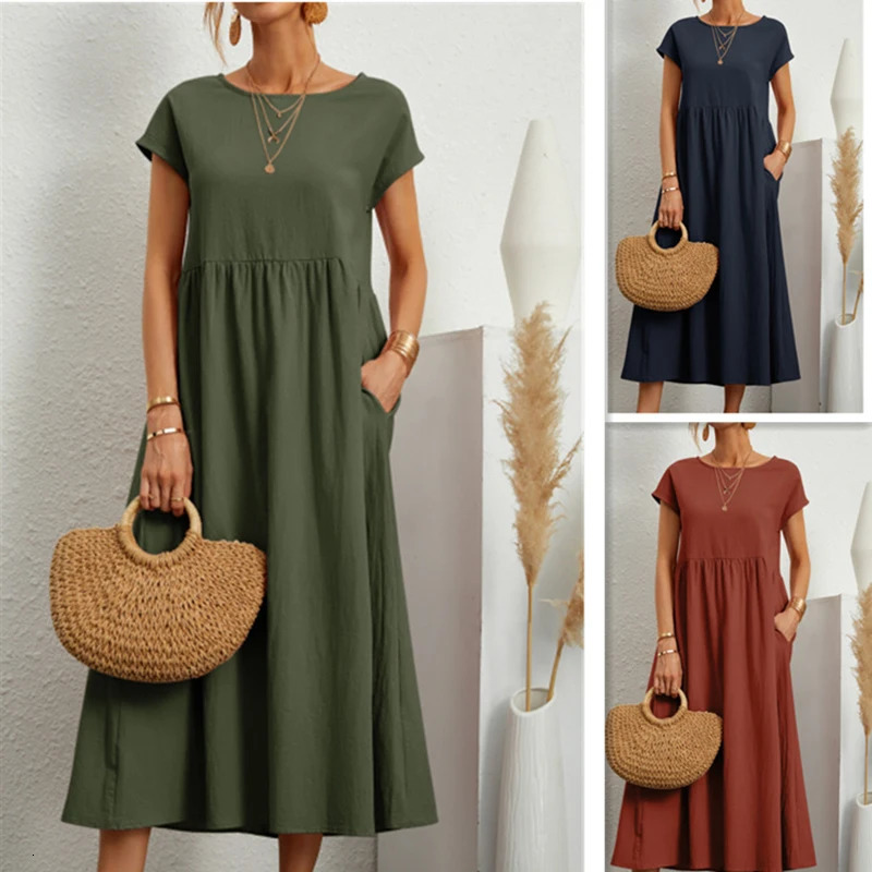 Women Vintage Solid Dress Summer Elegant O Neck Short Sleeve Cotton Linen Dresses Female Casual Loose Sundress Long 241112
