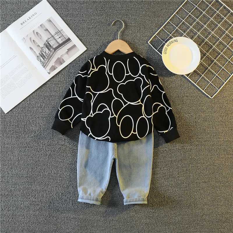 Clothing Sets Spring Autumn Baby Boys Clothes Sets Children Fashion Cartoon Bear Long Sleeve Tops Jeans Pants 2Pcs Outfits Kids Sport Suit H241126