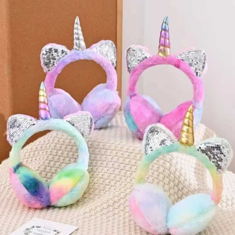 Cute unicorn earmuffs with sequins for children cat earmuffs for winter warm fur plush headband for women tie dye fluffy earmuffs W241126