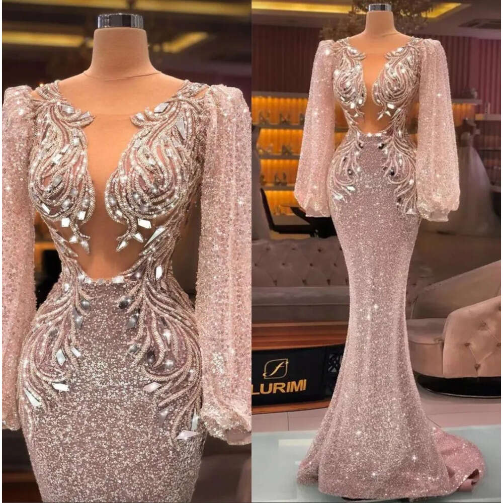Arabic Sequined Sparkly Sexy Pink Prom Dresses Beaded Crystal Long Sleeve Mermaid Evening Dress Custom Made Party Gowns Bc 6660306