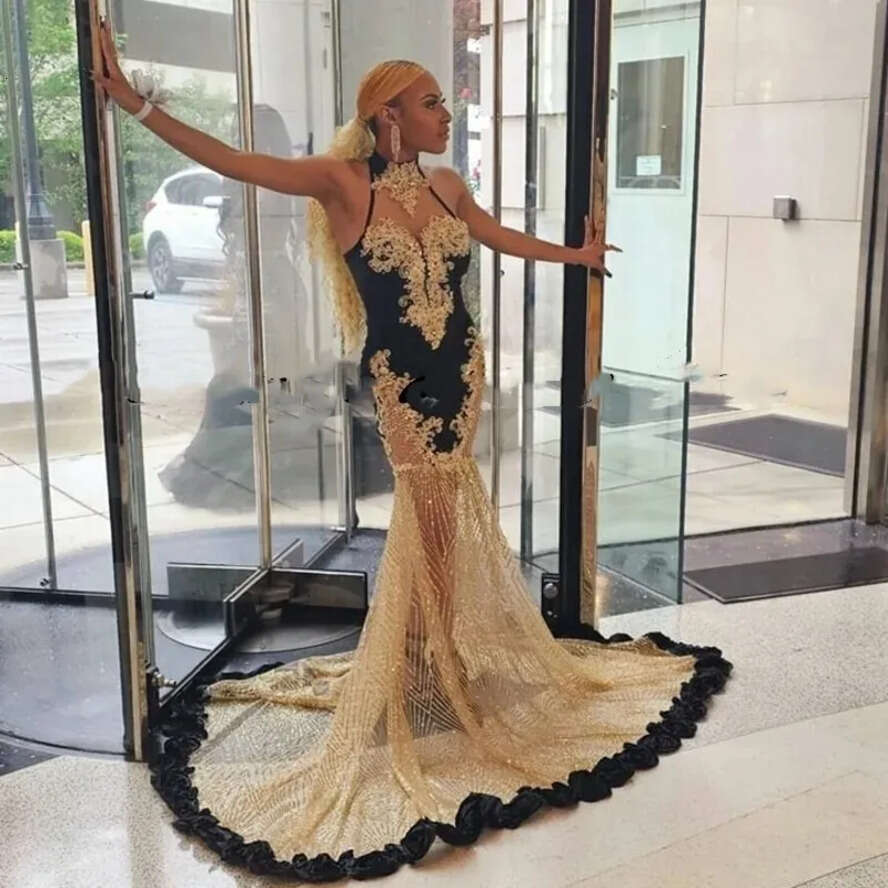And Gold Elegant Sequin Prom Dress For Black Girls High Neck Lace Applique Party Gowns Vestido De Festa Gala 0218