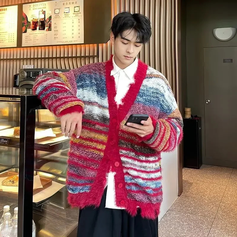 Winter irregular knitted sweater mens loose striped cardigan color block oversized sweater womens Y2K Harajuku knitted jacket top 241125