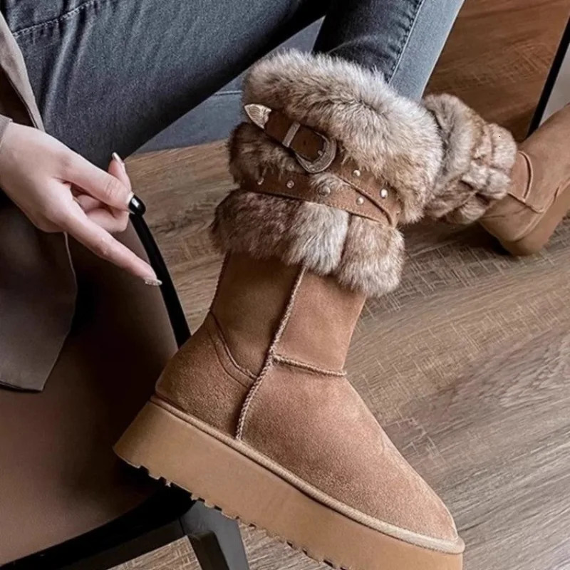 Womens Shoes Mid-Calf Womens Boots Fashion Belt Buckle Daily Boots Women Winter Round Toe Keep Warm Snow Boots 241114
