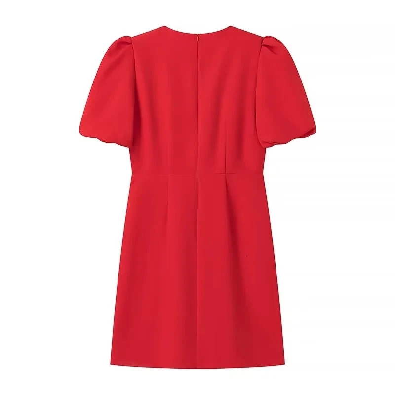 TRAF heart-shaped cut red mini dress womens summer bow black short sleeved womens puff dress elegant party dress 241125