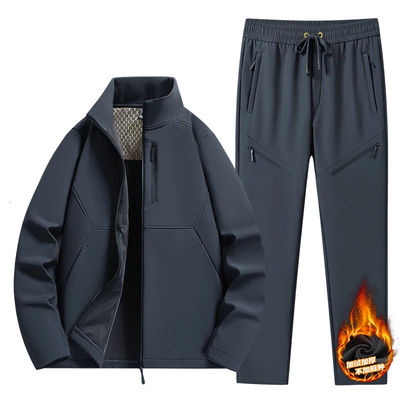 Large size 6XL mens soft shell track suit thick wool lining hooded sweatshirt long hooded sweatshirt set mens jacket pants 2-piece set sportswear 2411