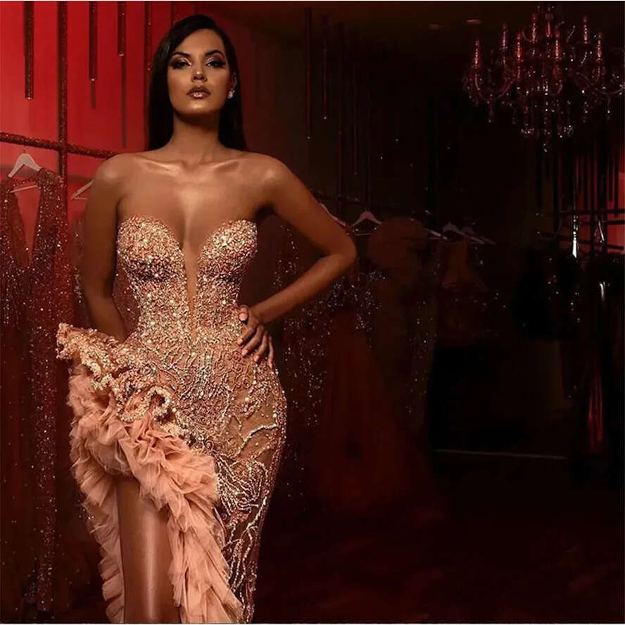 Sweetheart Mermaid Prom Dress 2024 Sparkly Beaded Ruffles High Slit Arabic Evening Gowns Vestidos De On Formales