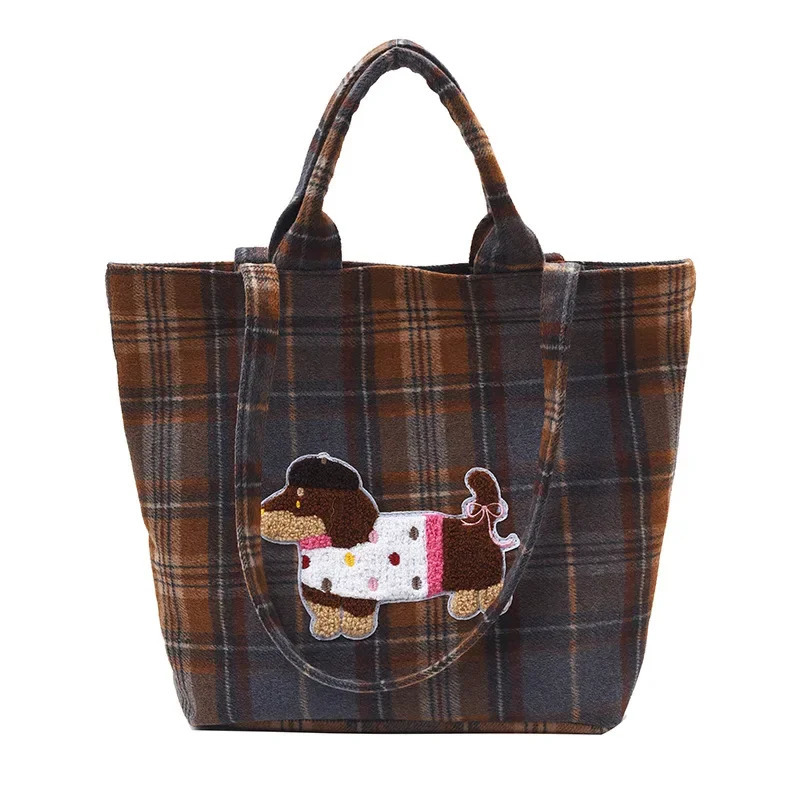 Retro Plaid Cartoon Woolen Shoulder Womens Bag Casual Lazy Wind Tote Large Capacity Shopping 241125