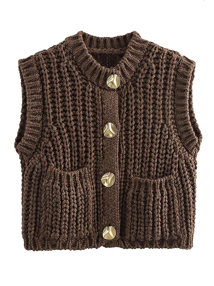 Womens Solid O-neck Single Chest Sleeveless Pocket Sweater Tank Top Autumn/Winter Retro Womens Top 241126