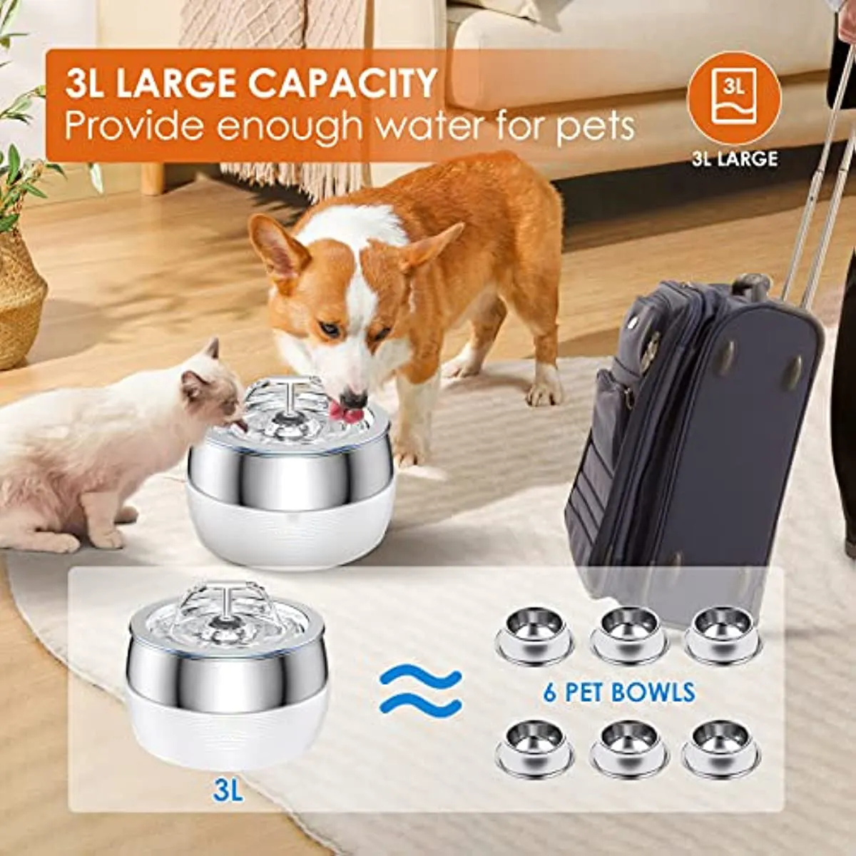 3L Stainless Steel Cat Water Fountain Pet Water Fountain Ultra-Quiet Pump Drinking Fountain Dispenser Pet Supplies