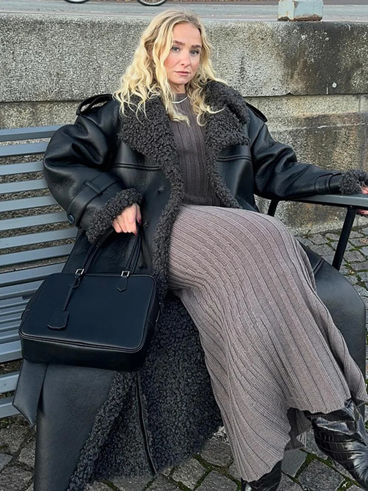 Street womens leather sheepskin wool coat long sleeved single breasted jacket with lapel 2024 thick winter jacket 241126